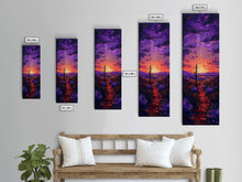 Cargar imagen en el visor de la galería, Colorful Sunset Over a Desert Landscape with a Saguaro Cactus and Dramatic Sky on a Framed Canvas Print Skinny Art Piece
