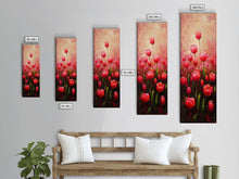 Load image into Gallery viewer, Vibrant Red Tulips in Bloom Against a Soft Pink Background on a Framed Canvas Print Skinny Art Piece
