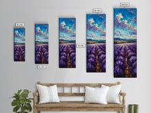 Carregar imagem no visualizador da galeria, Framed Canvas Print of Wide Lavender Fields Under a Bright Sky Featuring Skinny Tall Art for Stunning Wall Decor in Home or Office
