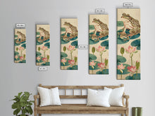 Load image into Gallery viewer, Frogs On Lily Pads Canvas In Japanese Ukiyo-e Style, Traditional Woodblock Print, Framed Canvas Print, Tall Skinny Japanese Wall Art, Ready To Hang
