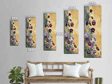 Load image into Gallery viewer, Deep Purple Pansy Flowers Against Textured Gold Background on Tall Vertical Canvas Print for Rich Floral Wall Decor

