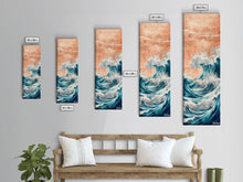 Load image into Gallery viewer, Majestic Wave, Peach Sky, Japanese Art, Skinny Art, Tall Art, Framed Canvas Print, Ukiyo-e Style
