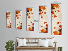 Load image into Gallery viewer, Skinny Art Autumn Leaves In Japanese Style Wood Block Print Warm Red And Orange Tones On Framed Canvas Print, Tall Art Ukiyo-e
