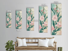 Load image into Gallery viewer, Skinny Art Pink Oleander Flowers In Japanese Style Wood Block Print Elegant Pastel Hues On Framed Canvas Print, Tall Art Ukiyo-e
