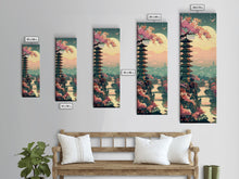 Load image into Gallery viewer, Japanese Pagoda Among Sakura Trees Under Yellow Moon Tall Art Skinny Art Framed Canvas Print Japanese Style Art Ukiyo-e Wood Block Print
