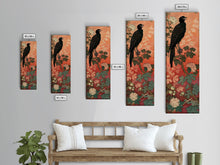 Carregar imagem no visualizador da galeria, Black Bird On Flowering Branch With Orange Background Tall Art Skinny Art Framed Canvas Print Japanese Style Art Ukiyo-e Wood Block Print
