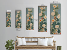 Load image into Gallery viewer, Tall White Blooms with Large Leaves on Blue Background, Framed Canvas Print in Japanese Art Style
