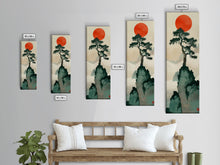 Load image into Gallery viewer, Bonsai Tree Mountain Red Sun Japanese Tall Wall Art Skinny Framed Canvas Print Ukiyo-e Style
