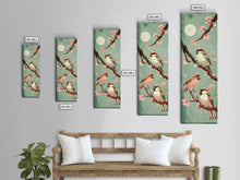 Load image into Gallery viewer, Delicate Sparrows Perched On Cherry Blossoms Under Full Moon Serene Nighttime Setting Captured Tall Framed Canvas Print Nature Scene
