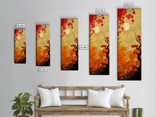 Load image into Gallery viewer, Dramatic Red Autumn Leaves Against Golden Sky Depicted Japanese Style Tall Framed Canvas Print Seasonal Wall Art

