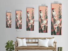 Load image into Gallery viewer, Woodpecker Perched on Stalks of Flowers against a Soft Pink Background Ukiyo-e Art Japanese Framed Canvas Print Skinny Tall Art
