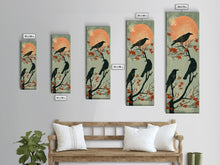 Carregar imagem no visualizador da galeria, Black Crows Japanese Art Skinny Wall Art Framed Canvas Print on Branches with Red Maple Leaves Against Warm Orange Sun
