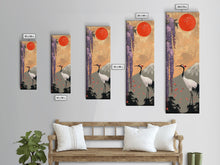 Load image into Gallery viewer, Japanese Crane Skinny Wall Art Framed Canvas Print in a Garden with Wisteria Flowers and Mount Fuji in the Background

