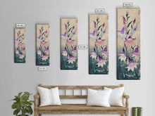 Load image into Gallery viewer, Tall Art Featuring Elegant Bellflowers In Soft Purples And Pinks Against A Muted Background, Skinny Art, Japanese Style Art, Ukiyo-e Art, Framed Canvas Print, Wood Block Print
