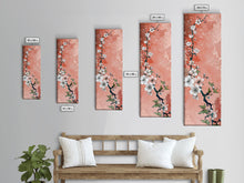 Load image into Gallery viewer, Skinny Art Tall Art Cherry Blossoms Wood Block Print Japanese Style Art With Delicate Branches On Soft Pink Background Framed Canvas Print
