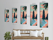 Load image into Gallery viewer, Towering Coastal Rock Formation During Sunset With Palm Trees For Serene Beach Wall Art Japanese Style Framed Canvas Print
