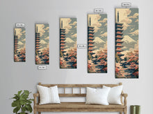 Load image into Gallery viewer, Japanese Pagoda With Mt Fuji And Cherry Blossoms – Framed Canvas Print Featuring Skinny Art Tall Art, Highlighting Ukiyo-E Art And Japanese Style Art
