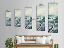 Load image into Gallery viewer, Tranquil Lavender Fields Skinny Art Tall Art Japanese Ukiyo-e Inspired Landscape Framed Canvas Print for Serene Living Spaces
