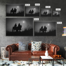 Load image into Gallery viewer, Cowboys Under A Full Moon, Framed Canvas Print, Black and White Western Photography, Wild West Art, Western Decor, Farmhouse Country Art
