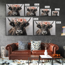 Load image into Gallery viewer, Framed Canvas Wall Art, Cute Cow Wearing Flowers, Farmhouse Decor, Farmhouse Wall At, Extra Large Boho Decor, Modern Art, Minimalist Rustic
