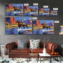 Load image into Gallery viewer, Crossing The Colorado River, Framed Canvas Print, Kitsch Western Wall Art, Colorful Western Painting Original Artwork, Pop Art Painting
