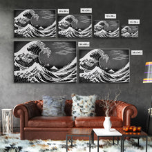 Carregar imagem no visualizador da galeria, Black and White Wave Canvas Print, Hokusai Inspired Wall Art, Woodblock Print Style, Wall Art, Vintage Style Wall Art
