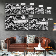 Carregar imagem no visualizador da galeria, Black and White Wave Canvas Print, Hokusai Inspired Wall Art, Woodblock Print Style, Wall Art, Vintage Style Wall Art
