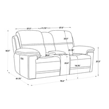 Carregar imagem no visualizador da galeria, Timo Top Grain Leather Power Reclining Loveseat With Console Adjustable Headrest Storage Steel Cup Holders Cross Stitching
