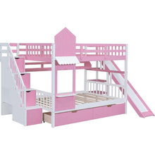 Carregar imagem no visualizador da galeria, Full-Over-Full Castle Style Bunk Bed with 2 Drawers 3 Shelves and Slide - Pink
