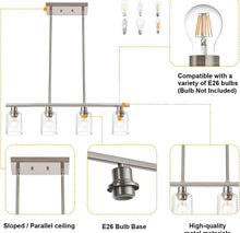 Load image into Gallery viewer, VINLUZ 4 Light Kitchen Island Hanging Lights Industrial Brushed Nickel Dining Room Light Fixture with Clear Glass Shade Farmhouse Chandelier for Livin
