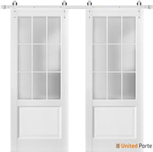 Load image into Gallery viewer, Felicia 3309 Matte White Double Barn Door with Frosted Glass and Silver Rail
