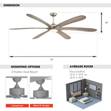 Cargar imagen en el visor de la galería, 72&quot; Jaydn Farmhouse Satin Nickel DC Motor Downrod Mount Reversible Ceiling Fan with Lighting and Remote Control
