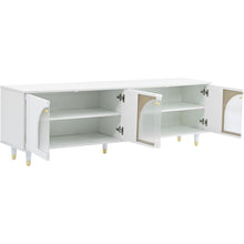Carregar imagem no visualizador da galeria, Contemporary TV Stand with Adjustable Shelves for TVs Up to 78&quot;, Stylish Media Console with Gold Handles and Arch Fluted Glass Doors, Delicate Entertainment Center for Living Room, White
