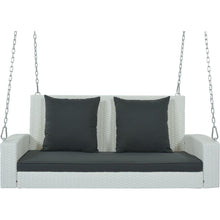 Cargar imagen en el visor de la galería, 2-Person Wicker Hanging Porch Swing with Chains, Cushion, Pillow, Rattan Swing Bench for Garden, Backyard, Pond. (White Wicker, Gray Cushion)
