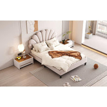 Load image into Gallery viewer, Full Size Upholstered Platform Bed with Flower Pattern Velvet Headboard, Beige

