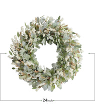 Load image into Gallery viewer, 24 Inch Summer Spring Ivory Flowers Wreath for Front Door, Everyday Lamb Ears Leaves Wreath with White Artificial Flower for Indoor and Outdoor, Rusti
