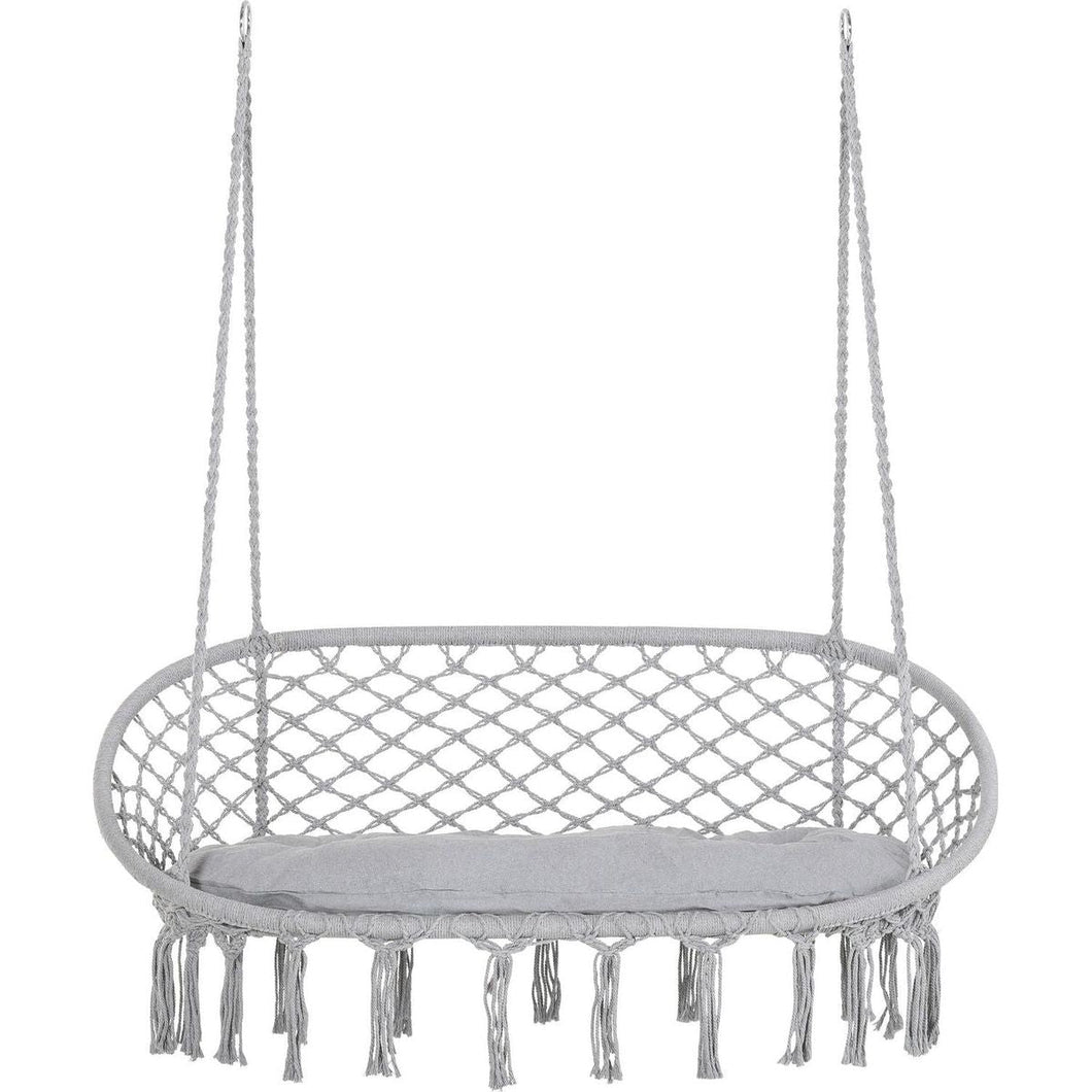 2-Person Hammock Chair Macrame Swing with Soft Cushion, Hanging Cotton Rope Chair for Indoor Outdoor Home Patio Backyard, Grey