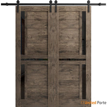 Carregar imagem no visualizador da galeria, Veregio 7588 Cognac Oak Double Barn Door with Frosted Glass and Black Rail
