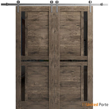 Carregar imagem no visualizador da galeria, Veregio 7588 Cognac Oak Double Barn Door with Frosted Glass and Silver Rail
