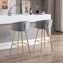 Carregar imagem no visualizador da galeria, 26 Inch Set of 2 Bar Stools, with Chrome Footrest and Base Velvet + Golden Leg Simple Bar Stool, GRAY
