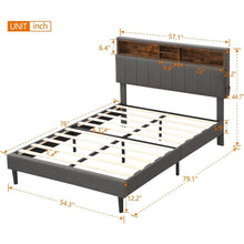Load image into Gallery viewer, Full size Upholstered Platform Bed with Storage Headboard and USB Port, Linen Fabric Upholstered Bed (Gray)
