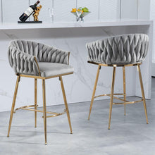 Carregar imagem no visualizador da galeria, 26&quot; Counter height bar stools Set of 2,velvet kitchen island counter bar stool with hand- wave back,golden chromed base and foot rest(GREY)

