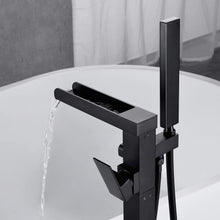 Cargar imagen en el visor de la galería, Bathroom Freestanding Waterfall Tub filler Matte Black Floor Mount Faucet with Hand Shower
