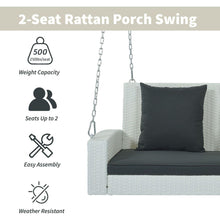 Cargar imagen en el visor de la galería, 2-Person Wicker Hanging Porch Swing with Chains, Cushion, Pillow, Rattan Swing Bench for Garden, Backyard, Pond. (White Wicker, Gray Cushion)
