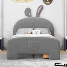 Load image into Gallery viewer, Full Size Velvet Platform Bed with Rabbit-Shaped Headboard, with Drawers, with Bed-End Storage Pocket, Gray
