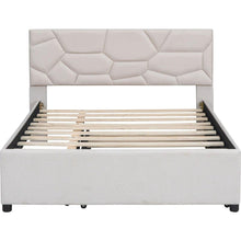 Carregar imagem no visualizador da galeria, Full Size Upholstered Platform Bed with Brick Pattern Headboard and Twin Size Trundle, Linen Fabric, Beige
