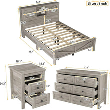 Carregar imagem no visualizador da galeria, 3-Pieces Bedroom Sets Queen Size Farmhouse Platform Bed with Double Sliding Door Storage Headboard and Charging Station, Storage Nightstand and Dresser, Antique Gray
