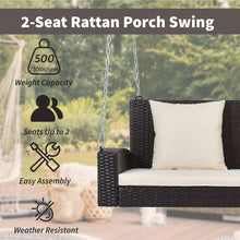 Load image into Gallery viewer, 2-Person Wicker Hanging Porch Swing with Chains, Cushion, Pillow, Rattan Swing Bench for Garden, Backyard, Pond. (Brown Wicker, Beige Cushion)
