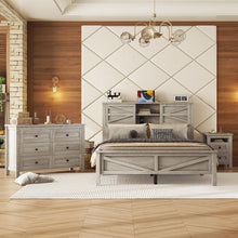 Carregar imagem no visualizador da galeria, 3-Pieces Bedroom Sets Queen Size Farmhouse Platform Bed with Double Sliding Door Storage Headboard and Charging Station, Storage Nightstand and Dresser, Antique Gray
