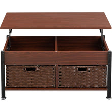 Load image into Gallery viewer, Metal coffee table,desk,with a lifting table,and hidden storage space.There were two removable wicker baskets that could be placed in any space such as the living room,color:brownwith solid wood grain
